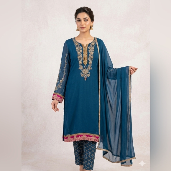 chinyere Dresses & Skirts - Chinyere - Blue Embroidered Chiffon Dress - Festive Wear - Shalwar Kurta/Kameez
